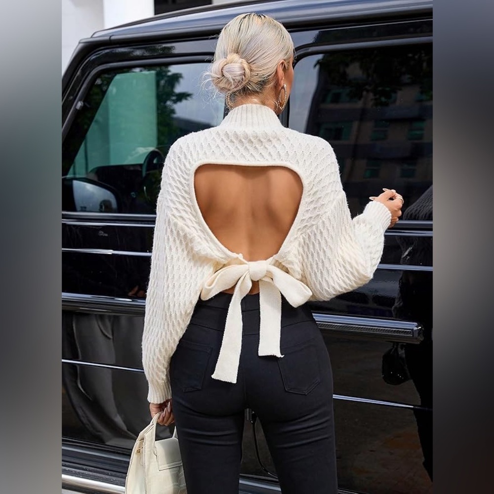GORGLITTER Beige Bow Open Back Cable Knit Sweater - XS